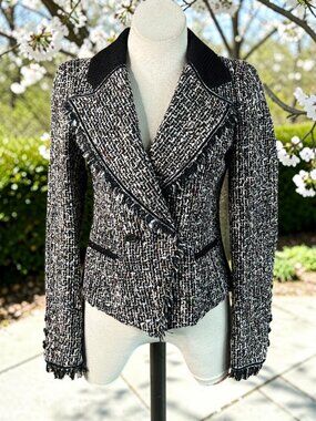 Maginn for Nordstrom Black Multi Tweed Fringe Notch Collar Size 6